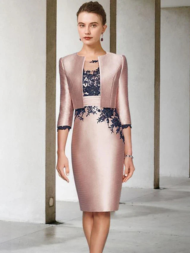 Wholesale Two Piece Sheath / Column Mother of the Bride Dress Wedding Guest Church Elegant Jewel Neck Knee Length Satin Lace 3/4 Length Sleeve Short Jacket Dresses with Appliques Color Block